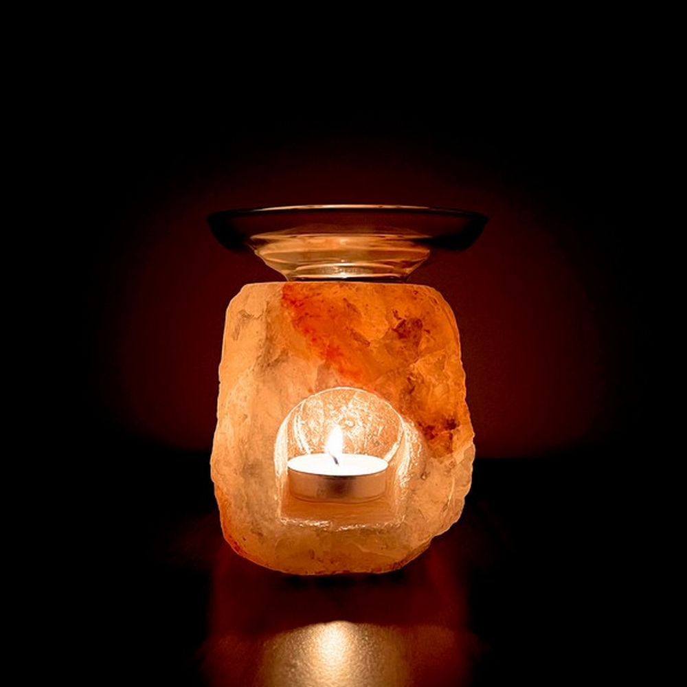 Foto principale Brucia essenze di Sale Himalayano Rosa grezzo 1 kg per lumini tea light con apertura frontale e piattino in vetro