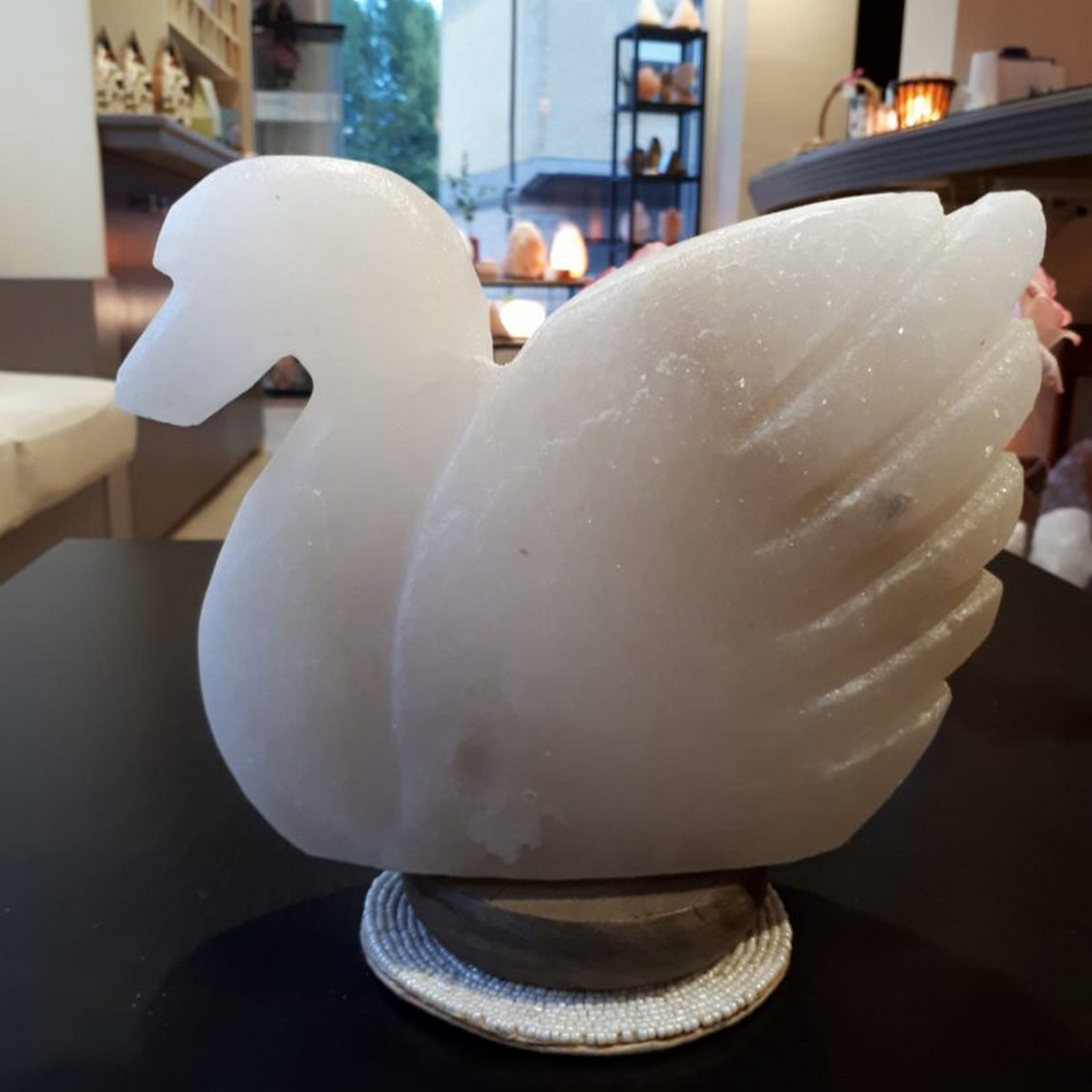 Foto principale Lampada di Sale Himalayano Bianca scolpita a forma di Cigno 3 kg con luce calda e base in legno
