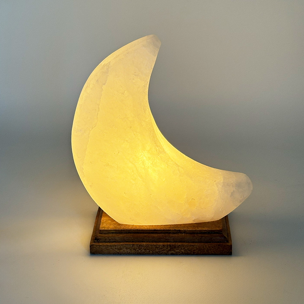 Foto principale Lampada di Sale Himalayano Bianca scolpita a forma di Luna 3-4 kg con luce calda e base in legno