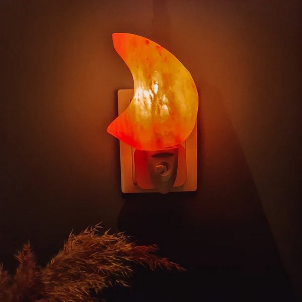 Foto principale Lampada di Sale Himalayano Notturna Rosa scolpita a forma di Luna 750 g con luce Led RGB e base in legno