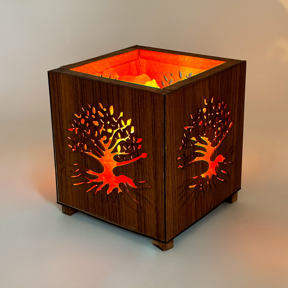 Foto principale Lampada di Sale Himalayano Rosa Braciere Albero della vita in legno con pezzotti 4 kg con luce calda