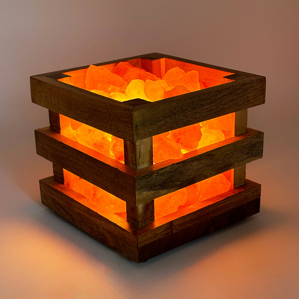 Foto principale Lampada di Sale Himalayano Rosa Braciere Cassettina in legno con pezzotti 4 kg con luce calda
