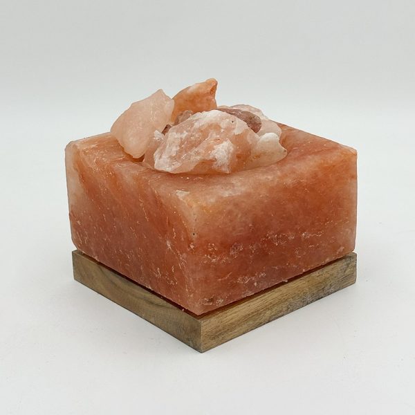 Lampada di Sale Himalayano Rosa Braciere quadrato con pezzotti 4 kg con luce calda e base il legno - Foto 1
