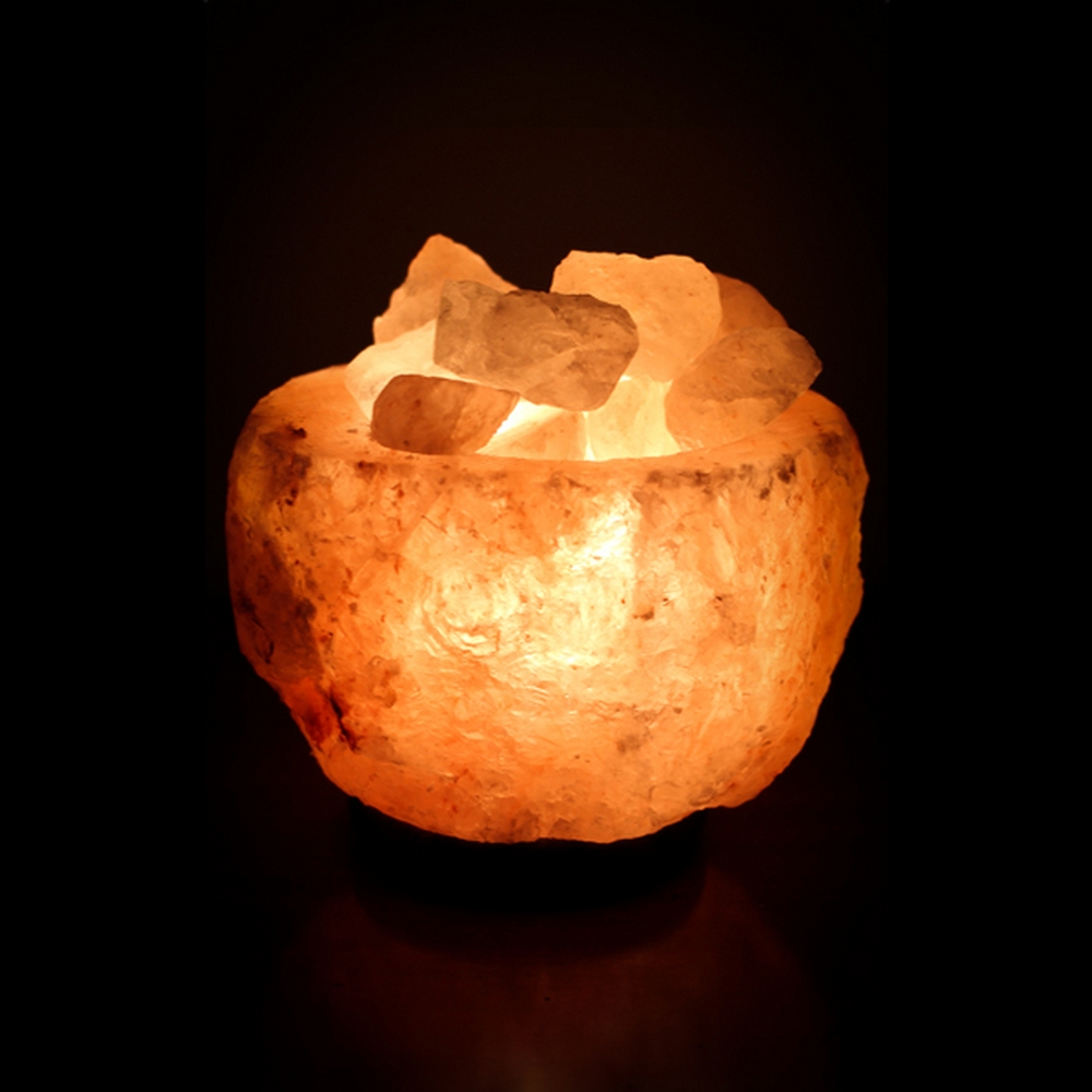 Foto principale Lampada di Sale Himalayano Rosa Braciere rotondo grezzo con pezzotti 4 kg con luce calda e base il legno