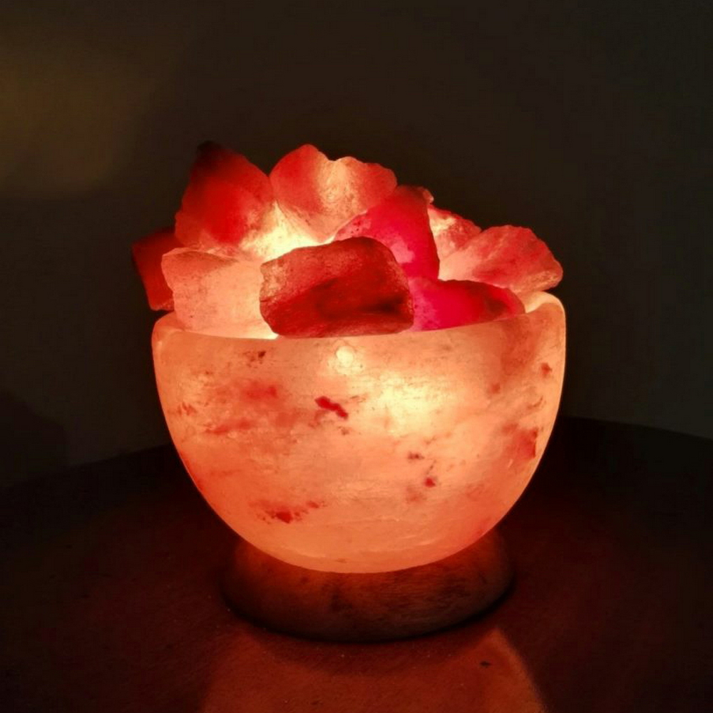 Foto principale Lampada di Sale Himalayano Rosa Braciere rotondo liscio con pezzotti 3 kg con luce calda e base il legno