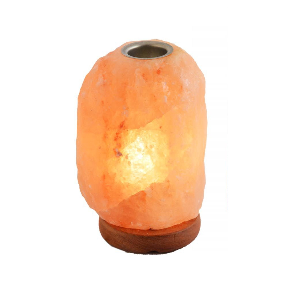 Foto principale Lampada di Sale Himalayano Rosa grezza Aroma brucia essenze 2-3 kg con luce calda e base in legno