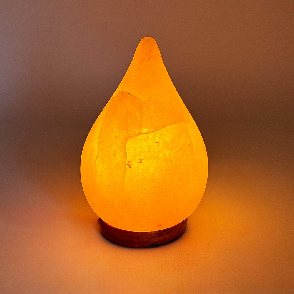 Foto principale Lampada di Sale Himalayano Rosa scolpita a forma di Goccia 3 kg con luce calda e base in legno