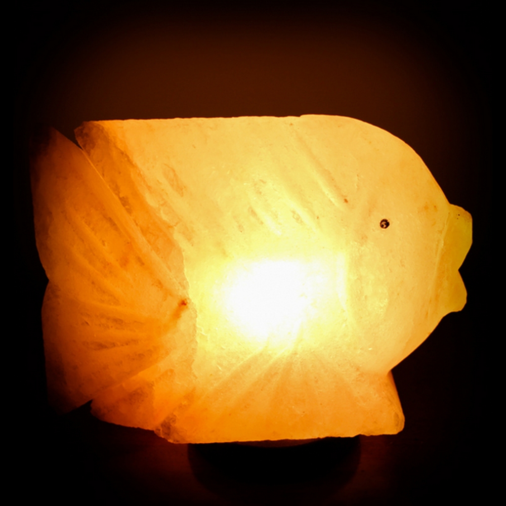 Foto principale Lampada di Sale Himalayano Rosa scolpita a forma di Pesce 3-4 kg con luce calda e base in legno