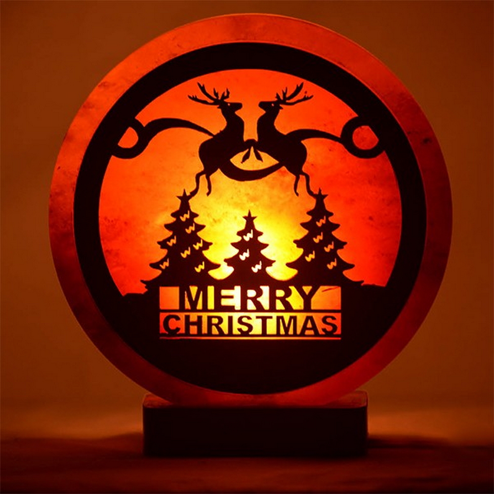 Foto principale Lampada di Sale Himalayano Rosa scolpita Rotonda Marry Christmas da 5 kg con luce calda e base in legno