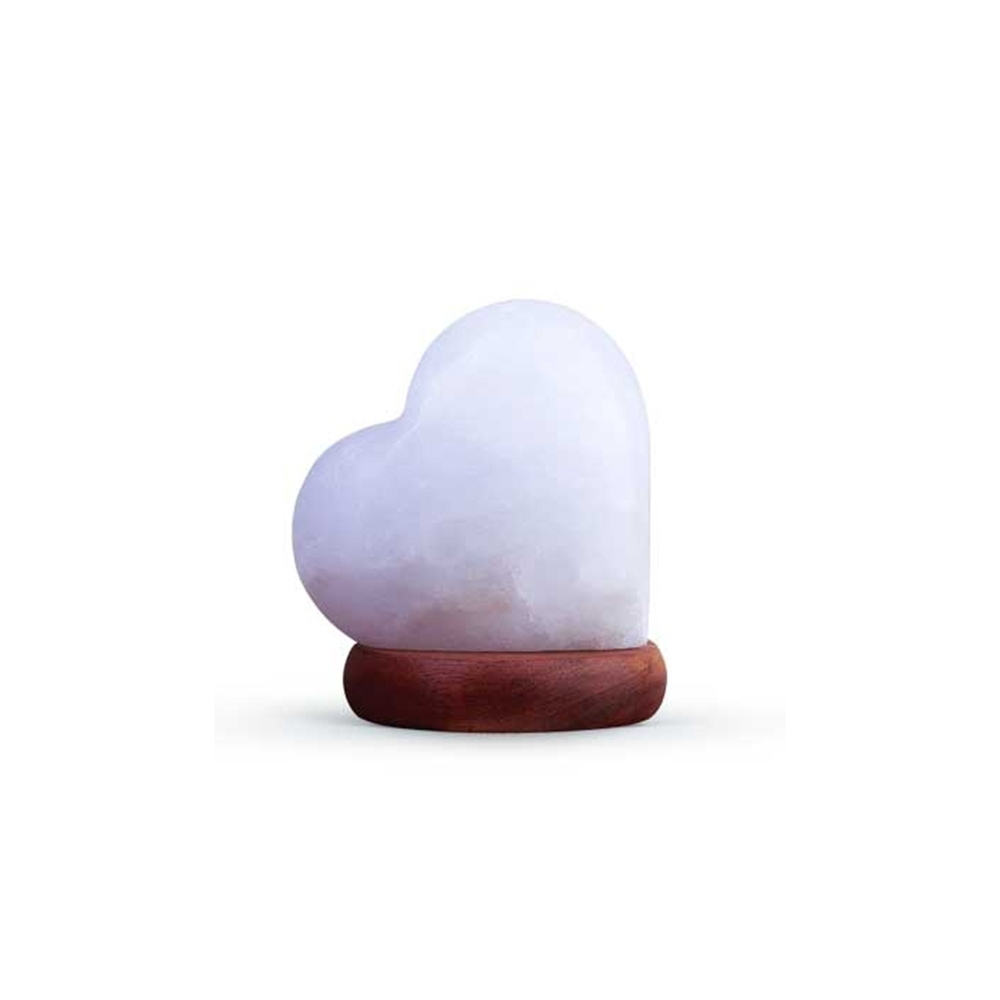 Foto principale Lampada di Sale Himalayano USB Bianca scolpita a forma di Cuore 600 g con luce Led RGB e base in legno