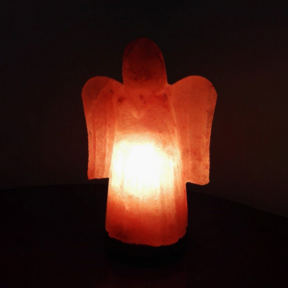 Foto principale Lampada di Sale Himalayano USB Rosa scolpita a forma di Angelo 750 g con luce Led RGB e base in legno