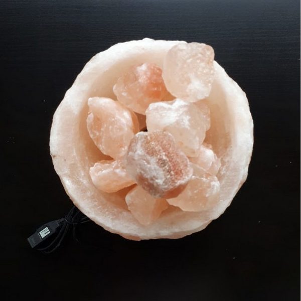 Lampada di Sale Himalayano USB Rosa scolpita a forma di Braciere 600 g con luce Led RGB e base in legno - Foto 1