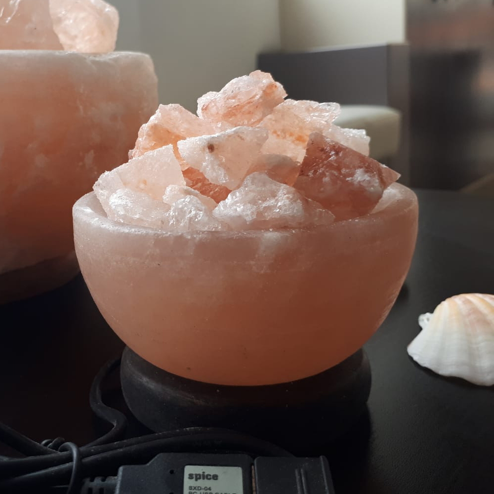 Foto principale Lampada di Sale Himalayano USB Rosa scolpita a forma di Braciere 600 g con luce Led RGB e base in legno