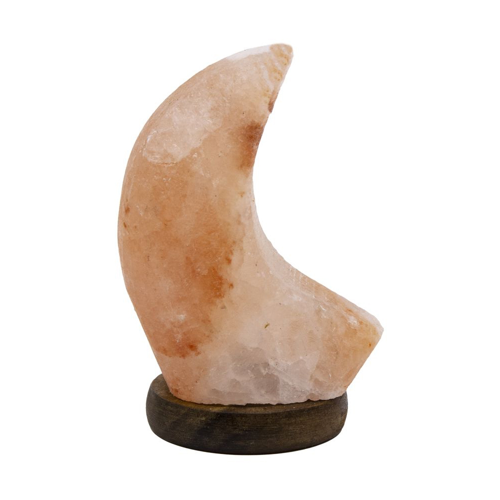Foto principale Lampada di Sale Himalayano USB Rosa scolpita a forma di Luna 750 g con luce Led RGB e base in legno