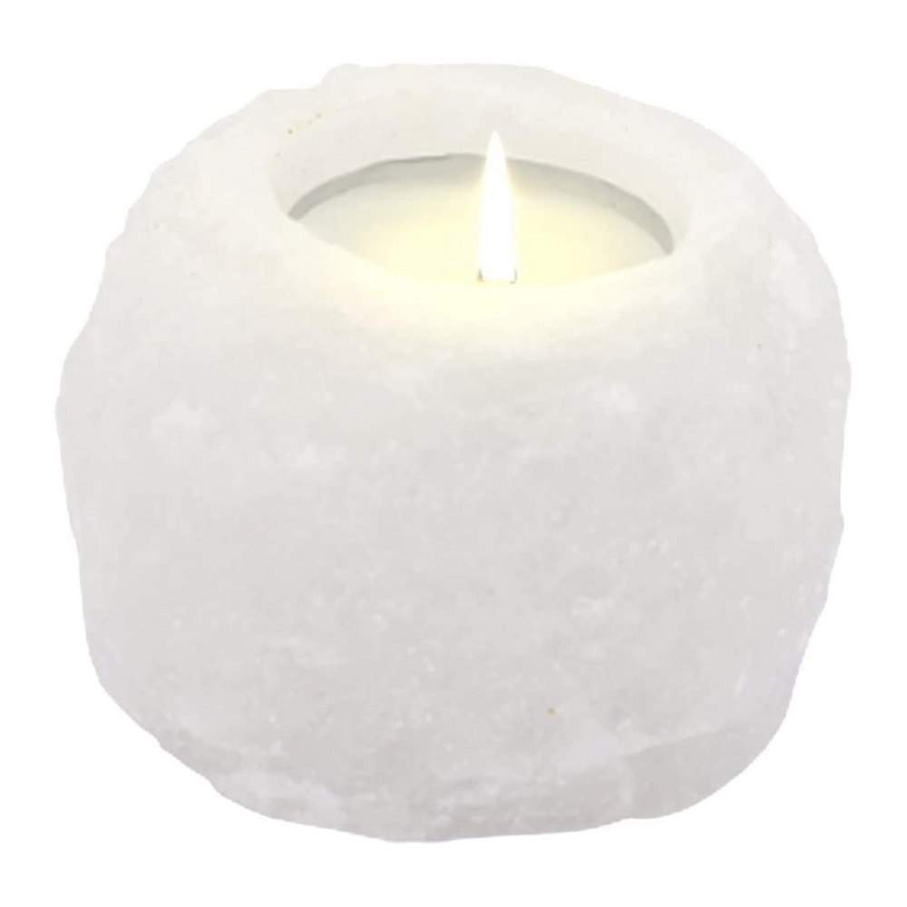 Foto principale Portacandela di Sale Himalayano Bianco scolpito a forma di Sfera grezza 750 g per lumini tea light