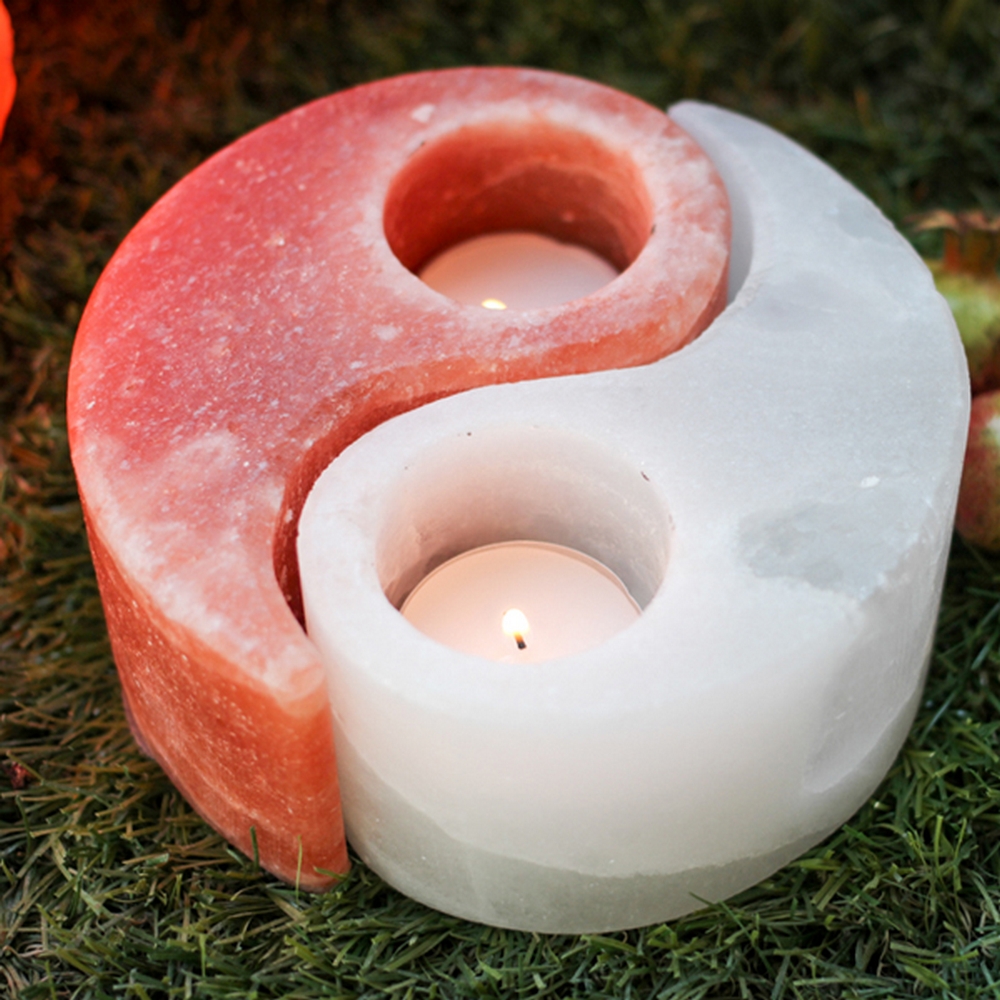 Foto principale Portacandela di Sale Himalayano Rosa e Bianco a forma di Yin-Yang 1 kg per lumini tea light