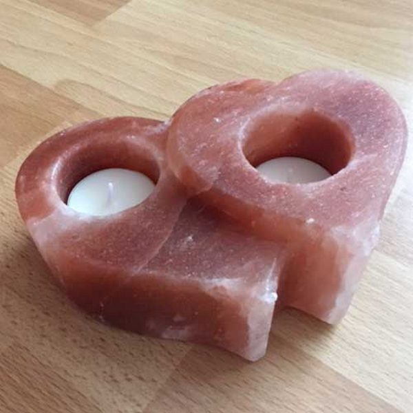 Portacandela di Sale Himalayano Rosa scolpito a forma di 2 Cuori 1,2 kg per lumini tea light - Foto 1