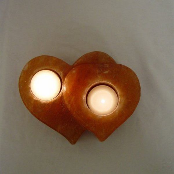 Foto principale Portacandela di Sale Himalayano Rosa scolpito a forma di 2 Cuori 1,2 kg per lumini tea light