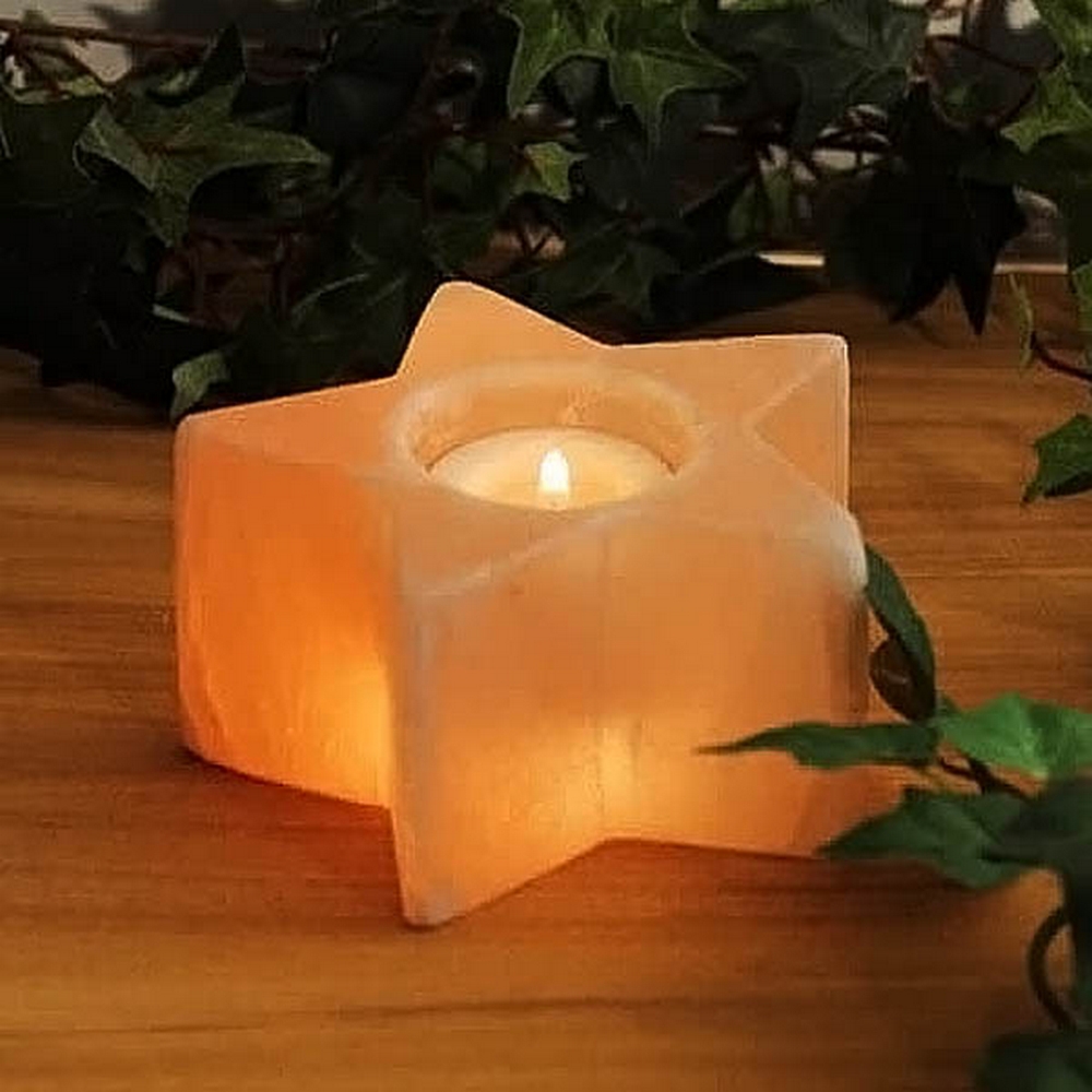 Foto principale Portacandela di Sale Himalayano Rosa scolpito a forma di Stella 500 g per lumini tea light