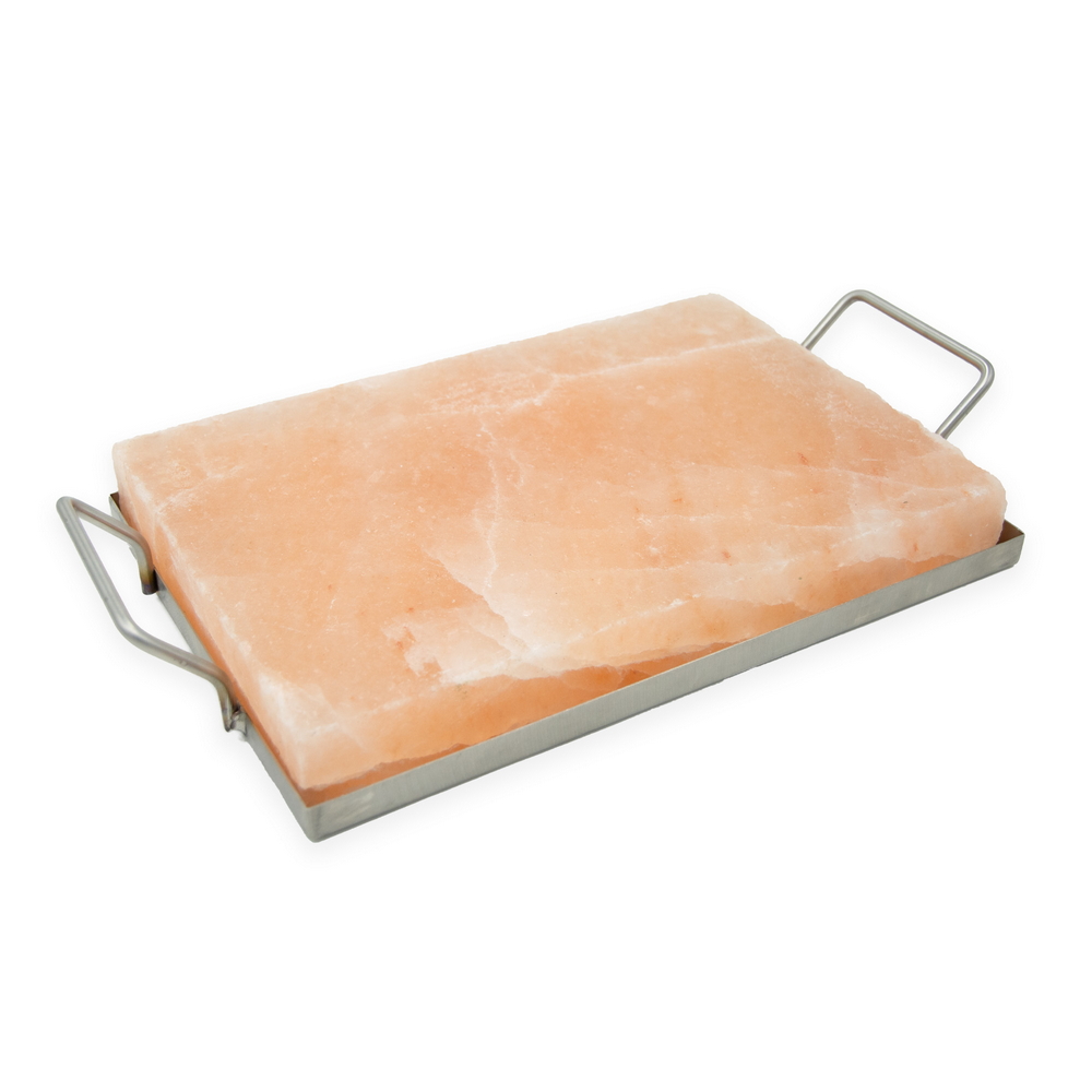 Foto principale Piastra da cottura di Sale Himalayano Rosa naturale 30x20x4 cm 5 kg con Supporto in acciaio e manici