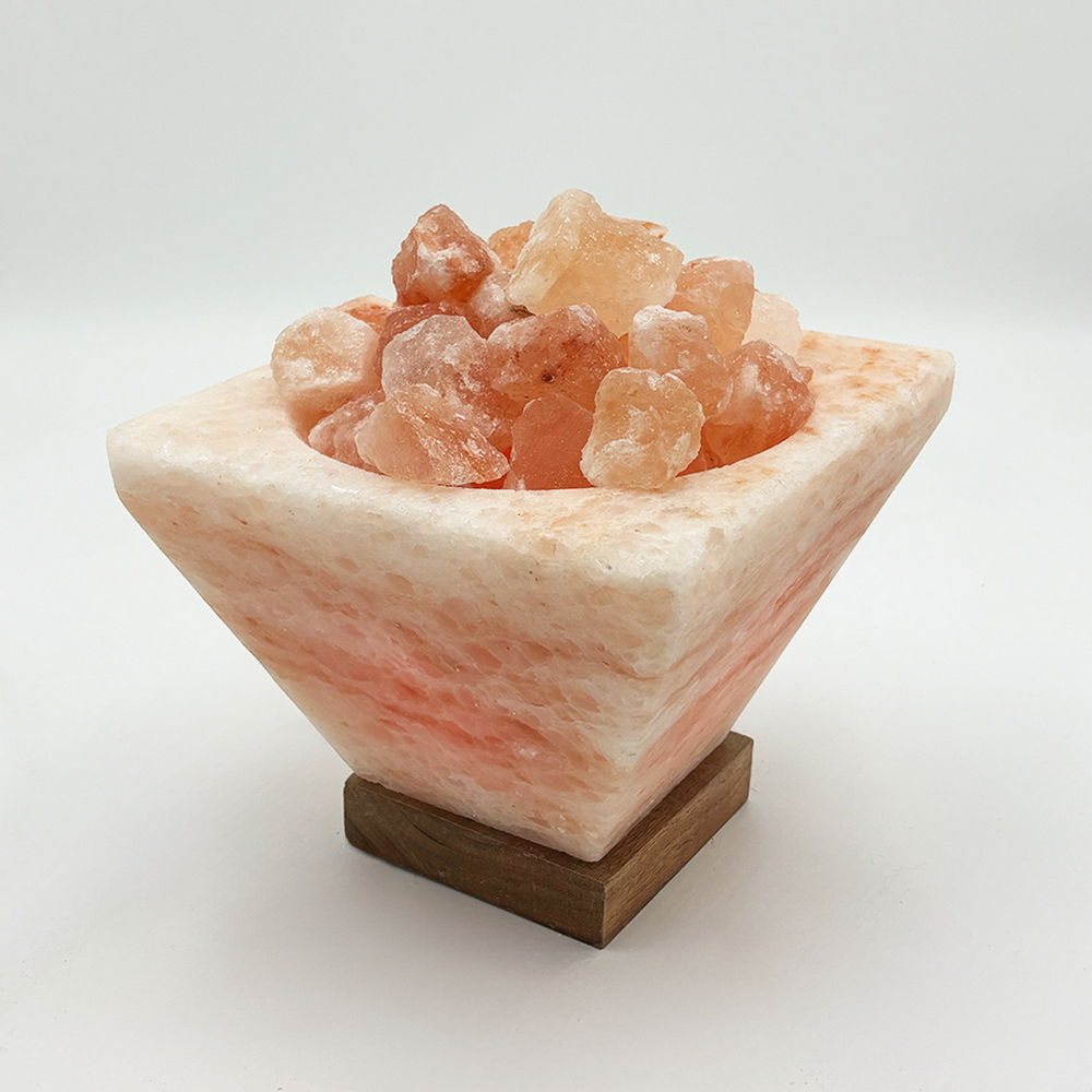 Lampada di Sale Himalayano Rosa Braciere piramide capovolta con pezzotti 3-5 kg con luce calda e base il legno - Foto 1