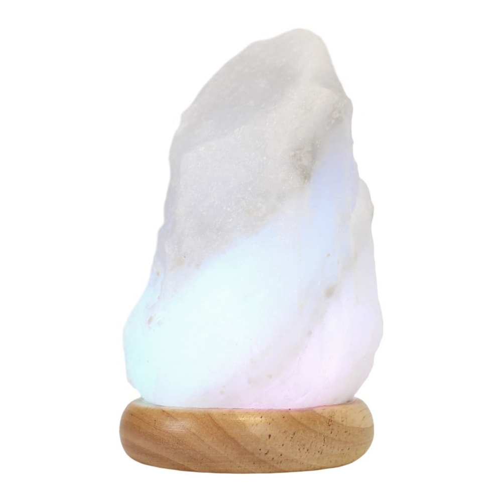 Foto principale Lampada di Sale Himalayano USB Bianca grezza 600 g con luce Led RGB e base in legno