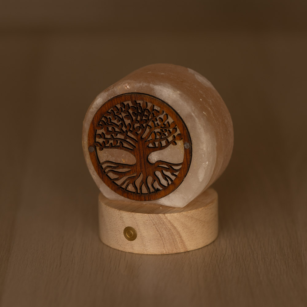 Lampada di Sale Himalayano a batteria Rosa scolpita a forma di Albero della vita 600 g con luce Led RGB e base in legno - Foto 1