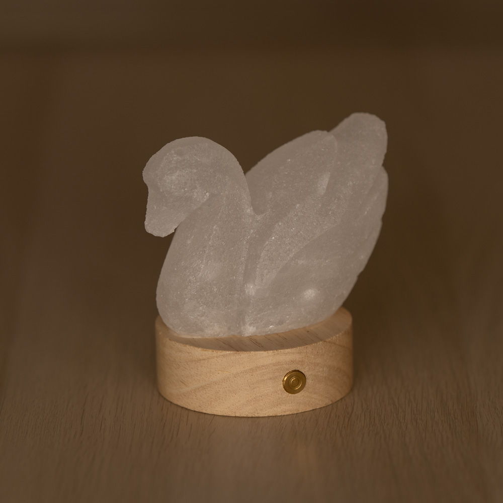 Lampada di Sale Himalayano Libera a batteria Bianca scolpita a forma di Cigno 600 g con luce Led RGB e base rotonda - Foto 1