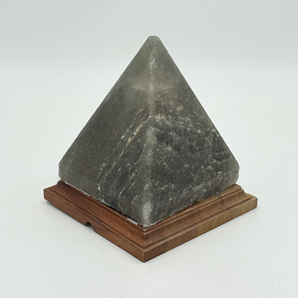 Lampada di Sale Himalayano Grigia scolpita a forma di Piramide 2-3 kg con luce calda e base in legno - Foto 1
