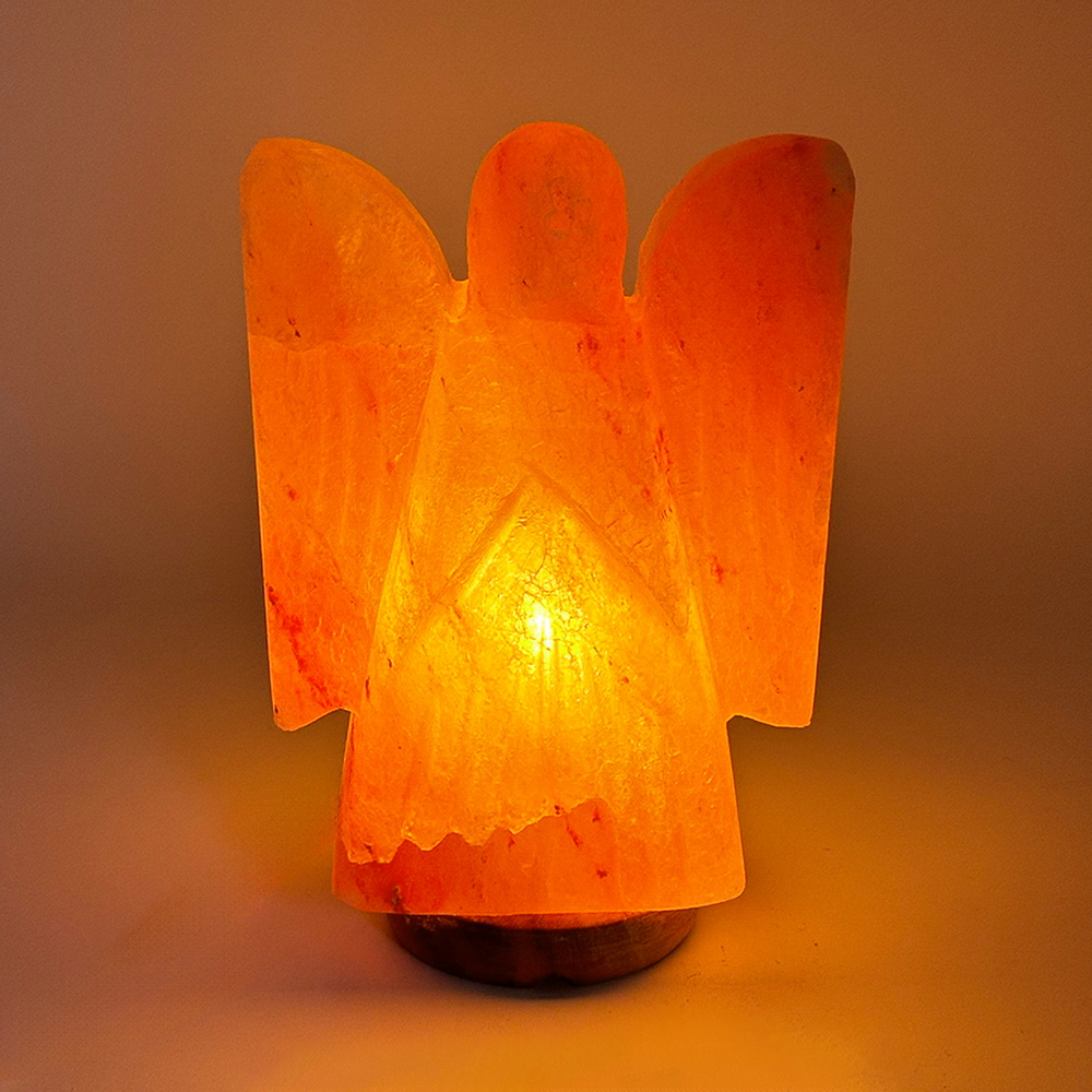 Foto principale Lampada di Sale Himalayano Rosa scolpita a forma di Angelo 3 kg con luce calda e base in legno