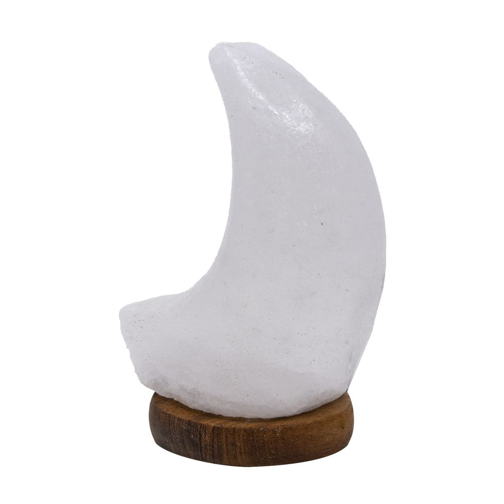 Foto principale Lampada di Sale Himalayano USB Bianca scolpita a forma di Luna 600 g con luce Led RGB e base in legno