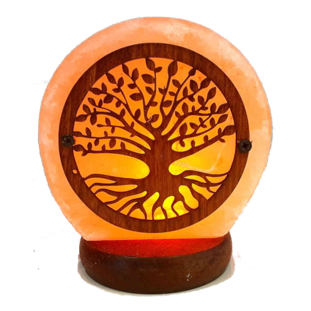 Foto principale Lampada di Sale Himalayano USB Rosa scolpita a forma di Albero della Vita 900 g con luce Led RGB e base in legno