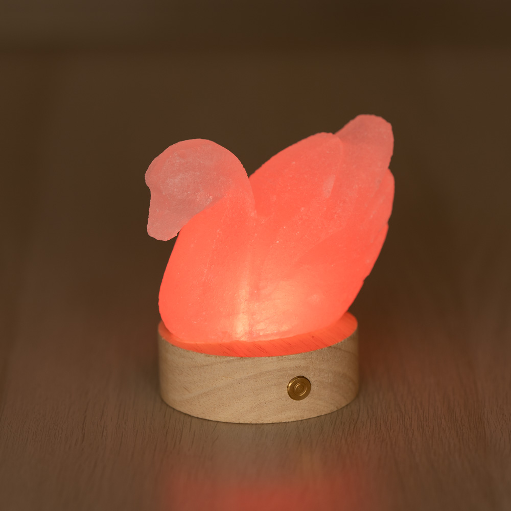 Lampada di Sale Himalayano Libera a batteria Bianca scolpita a forma di Cigno 600 g con luce Led RGB e base rotonda - immagine 3